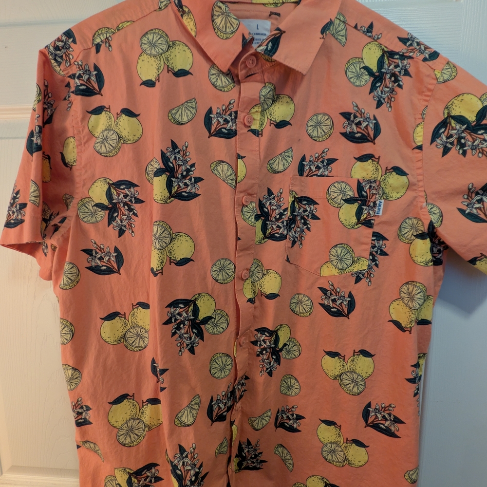 Hurley Coral Short Sleeve Button-Down Shirt with Yellow Lemon Print